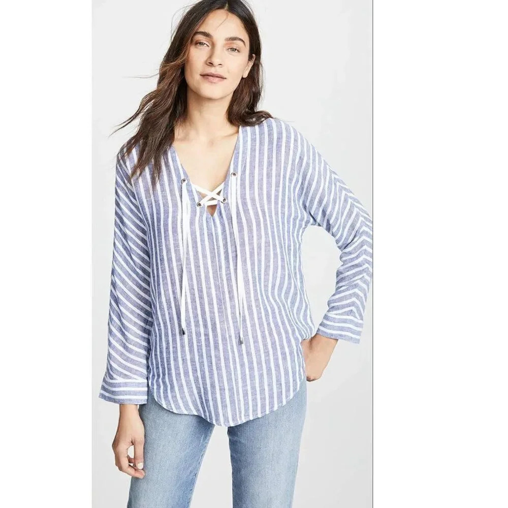 Rails Lily Striped Lace Up Linen Blend Tunic Top Long Sleeve Size Medium